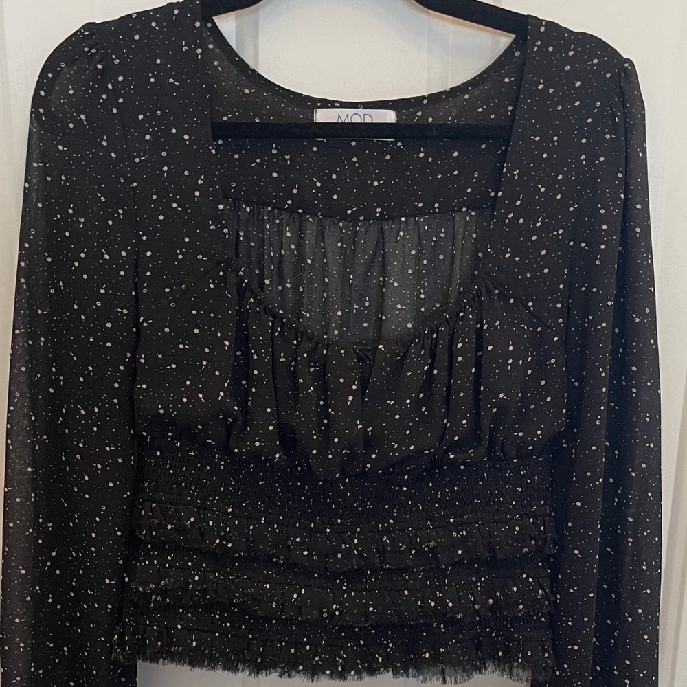 Mod On Trend Black Floral Smocked Waist Chiffon Blouse Top Sheer Peasant Small